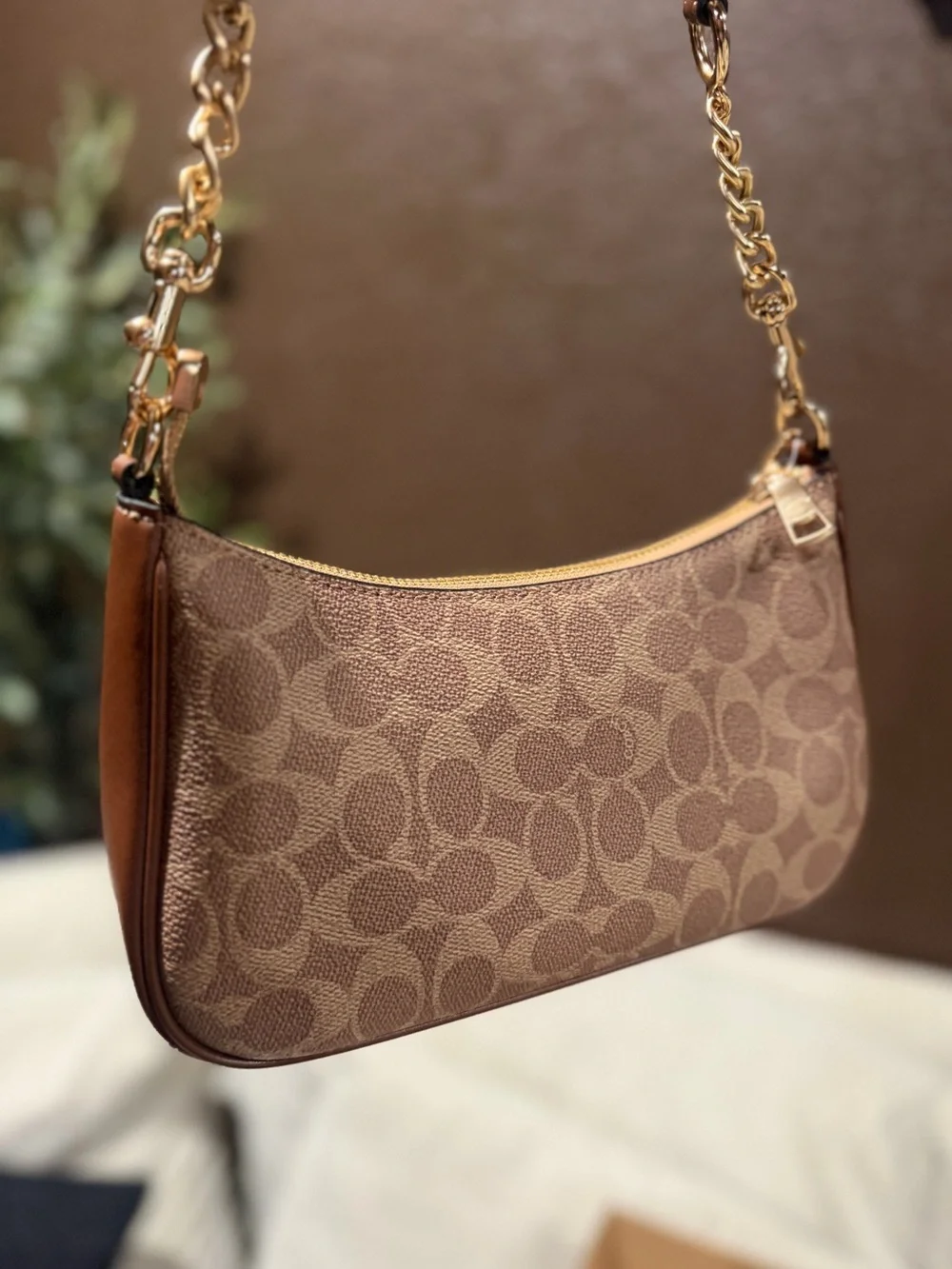 Coach Brown Signature Canvas Shoulder Bag with Gold Hardware